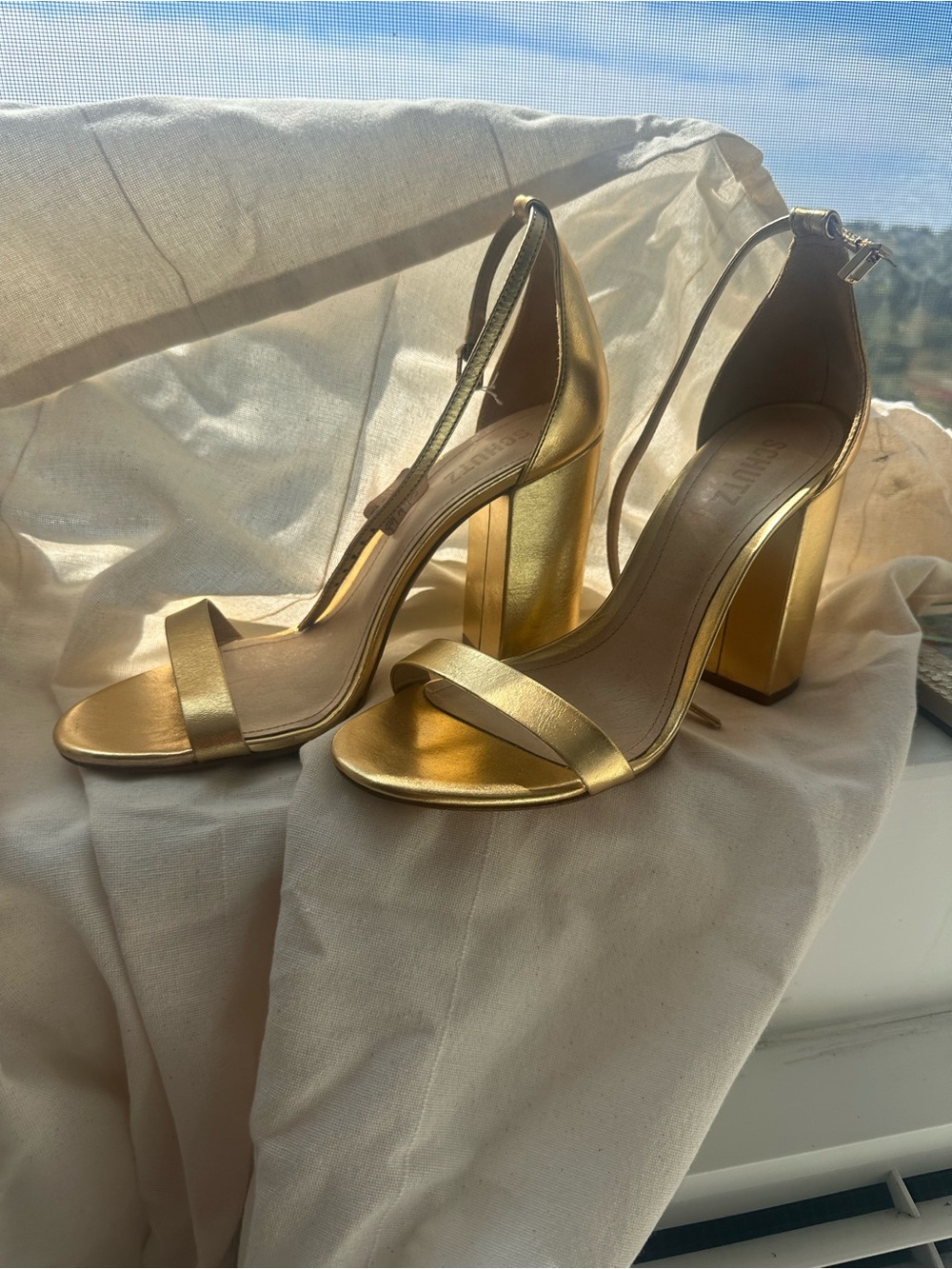 SCHUTZ Metallic Gold Block Heel Ankle Strap Sandals - Never worn